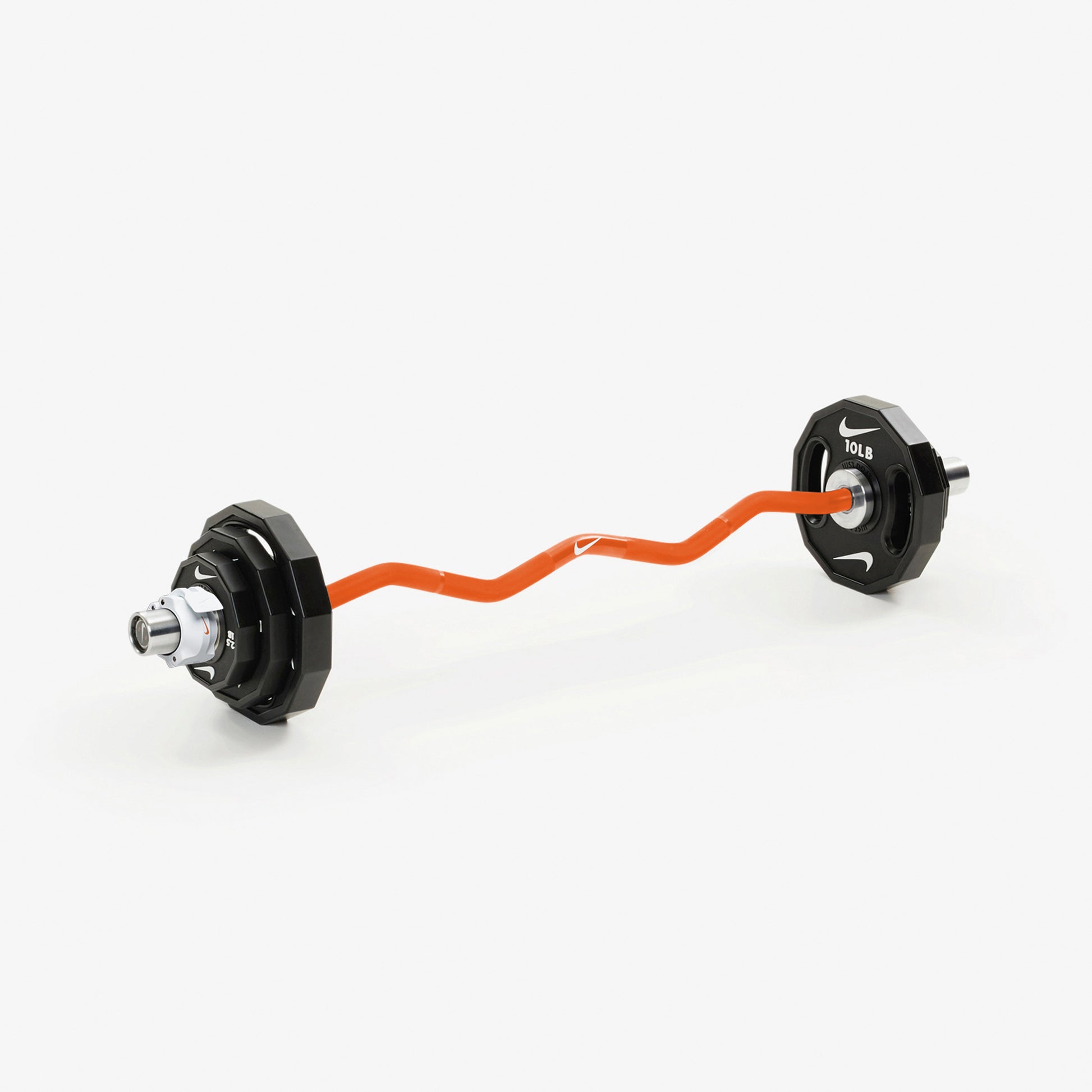 Nike Strength Shield Curl Bar - Orange SWOOSH / Nike Strength Pro Urethane Plates (1.25 - 5 kg pairs) / White/Orange